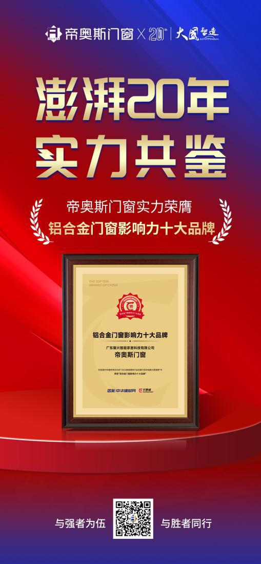 帝奥斯门窗再度荣获“铝合金门窗影响力十大品牌”双项殊荣(图1)
